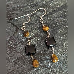 Tiger’s Eye and Black Obsidian Handmade Dangle Earrings
